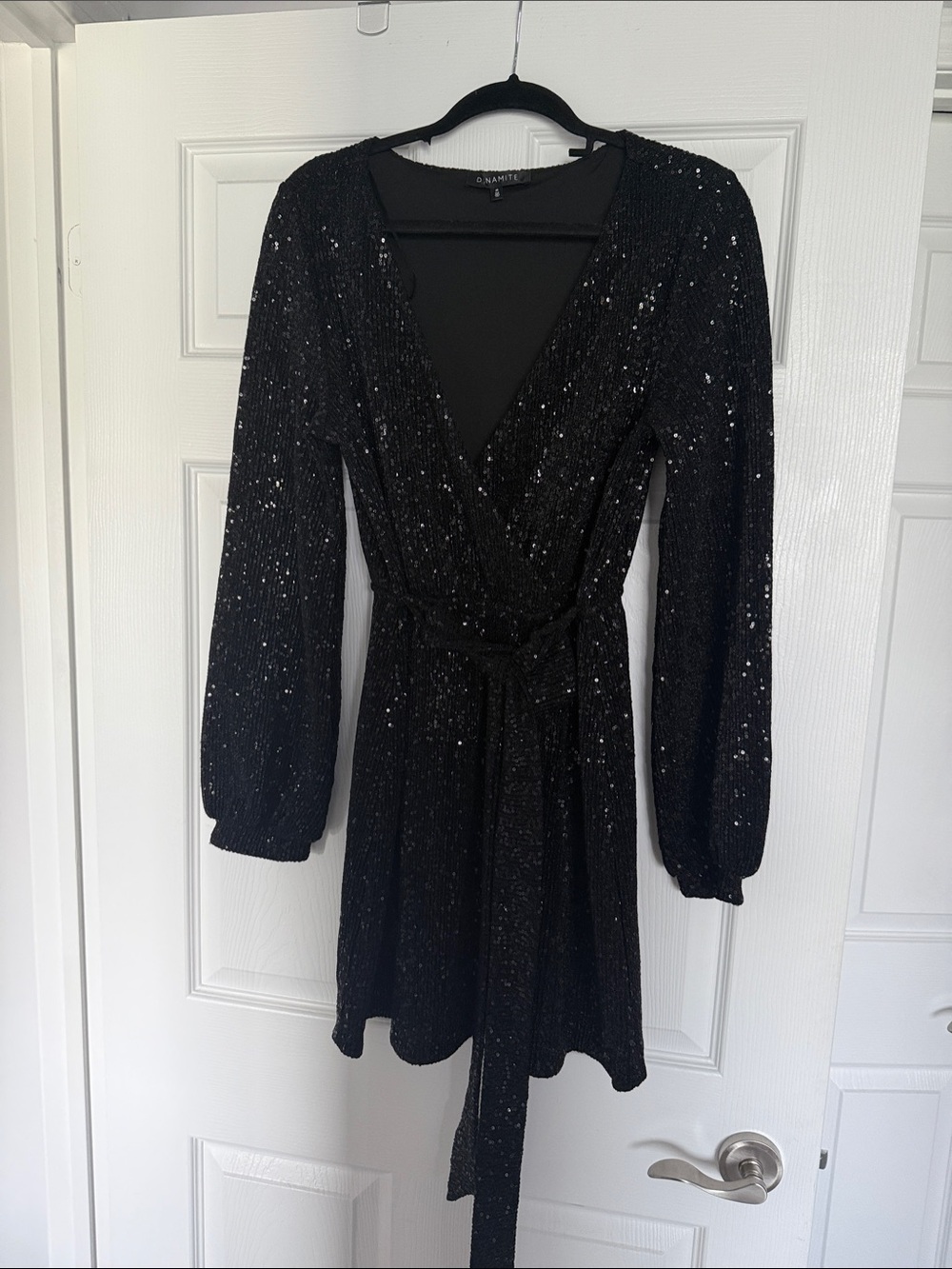 Black Sequin Long-Sleeve Wrap Mini Dress